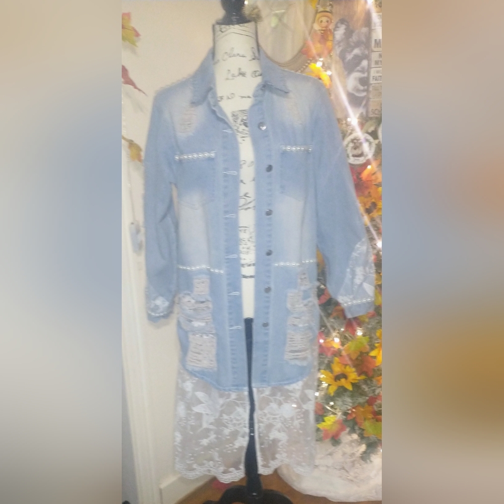 Redneck Princess Faded Long Denim Jacket,M, Country Chic, Boho,Dressy Denim
